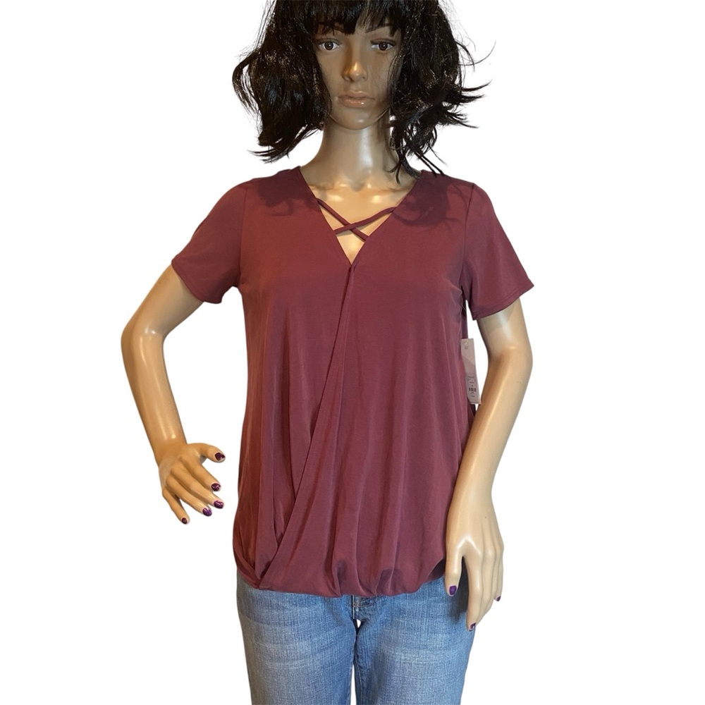 Alya Maroon Wine Draped Short Sleeved Blouse Top Criss-Cross Straps Size XS NWT
